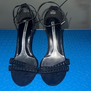 Black suede open-toe high heels with ankle strap SOLE OBSESSION